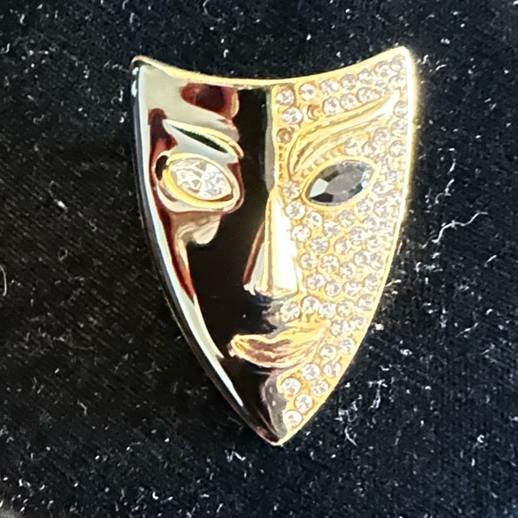 Face Mask Gold Black Mid Century Modernist Rhinestones Pin - Picture 1 of 5